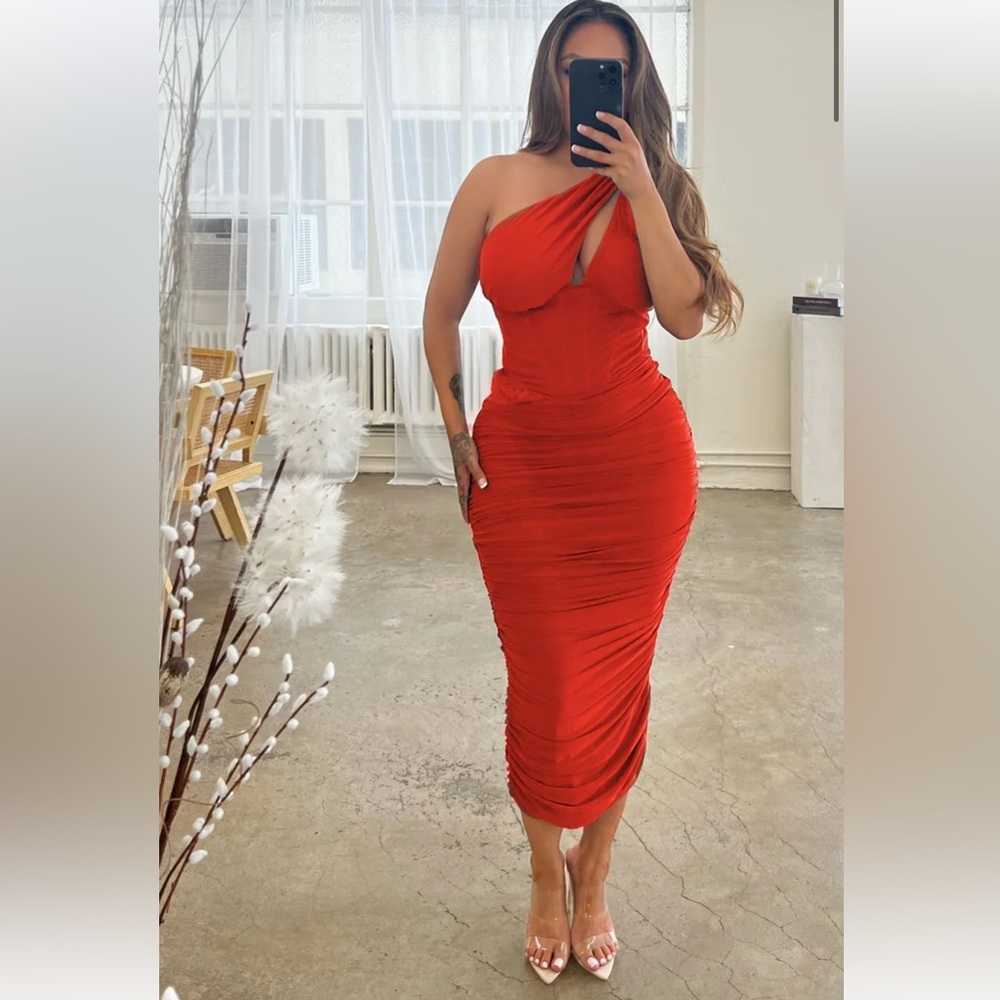 Red Ruched Midi Dress